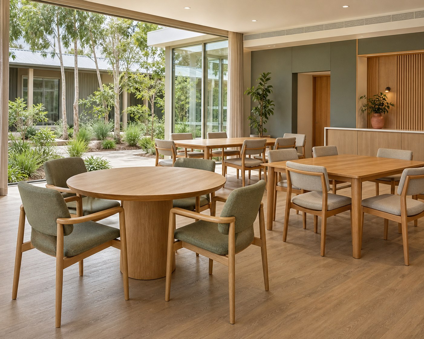 Communal dining room furnished with oak tables and supportive upholstered chairs