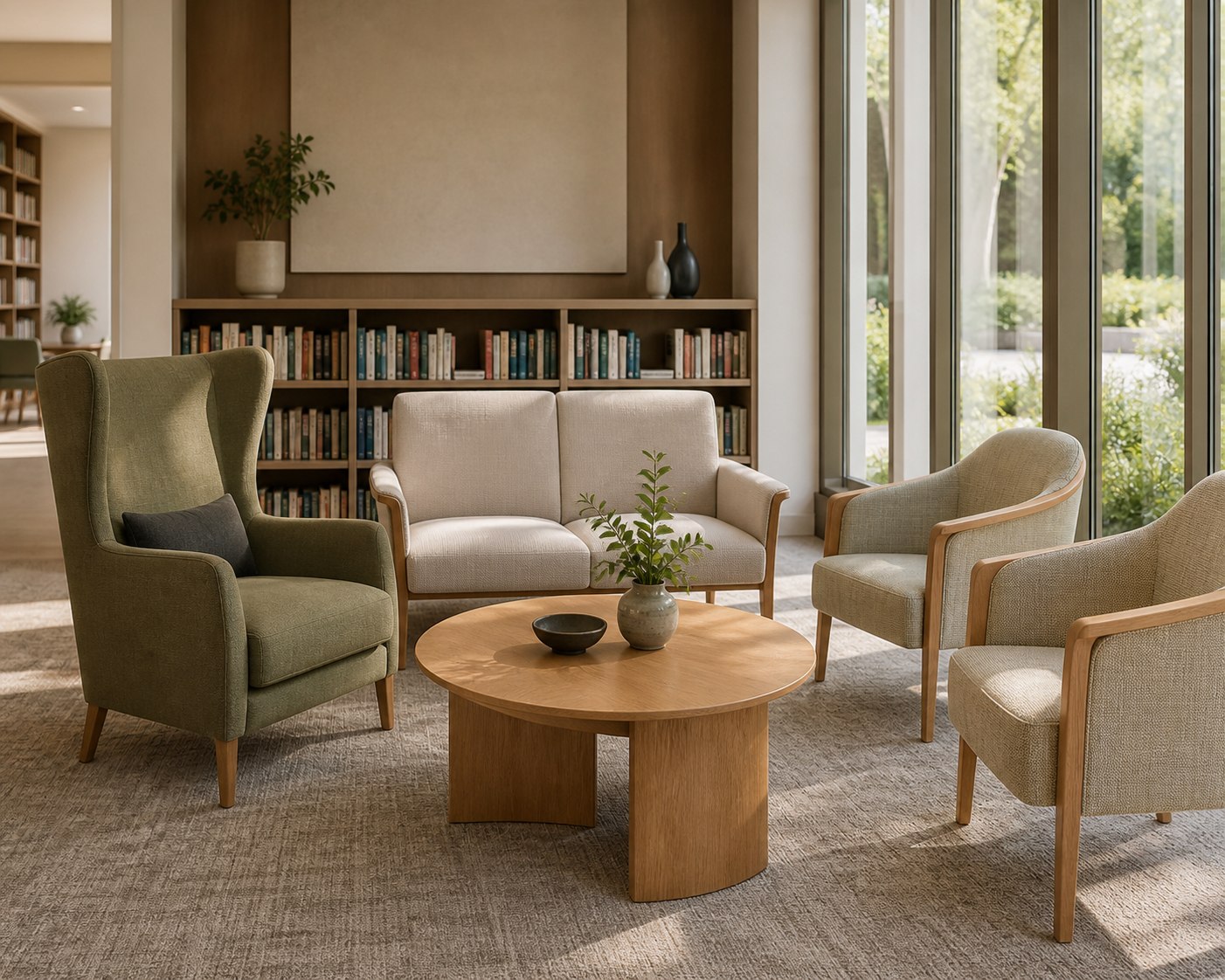 Supportive lounge chairs and a two-seat sofa arranged in a clubhouse library
