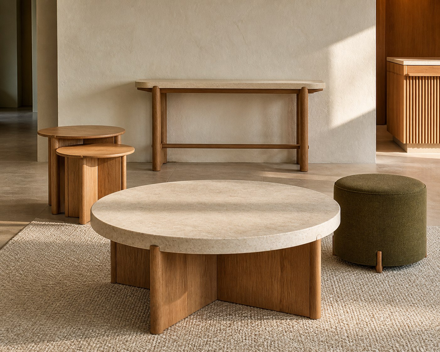Stone-topped coffee table with coordinated oak side and console tables