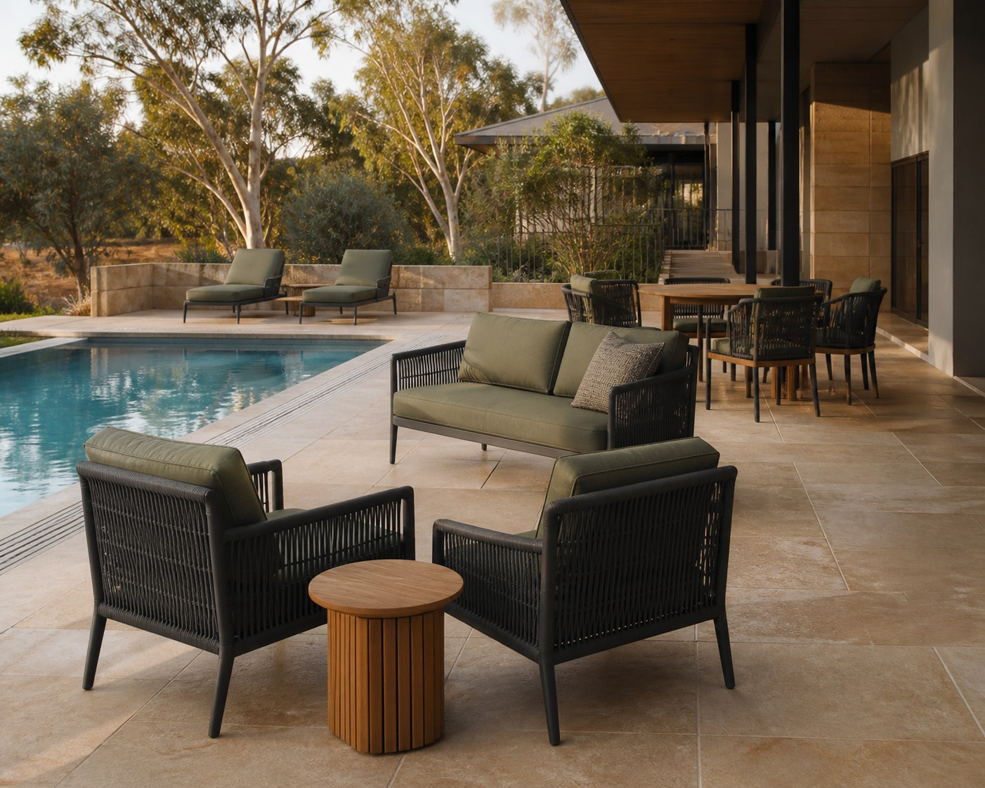 Marine-grade outdoor lounge, dining and pool furniture on an Australian terrace