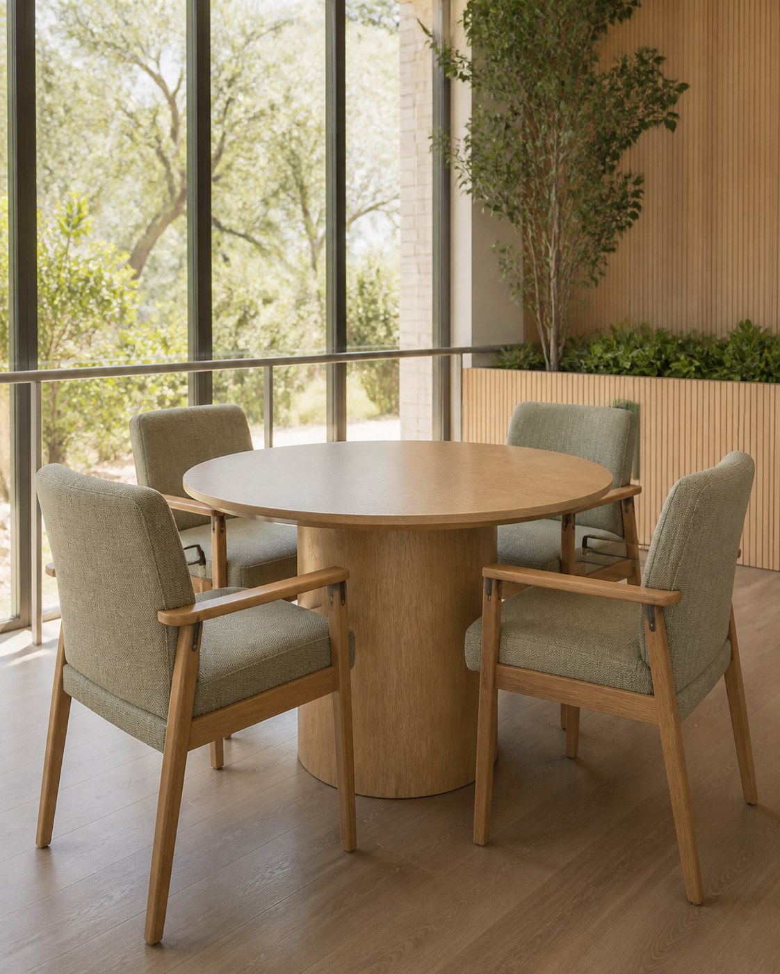 Round oak dining table with four supportive upholstered dining chairs