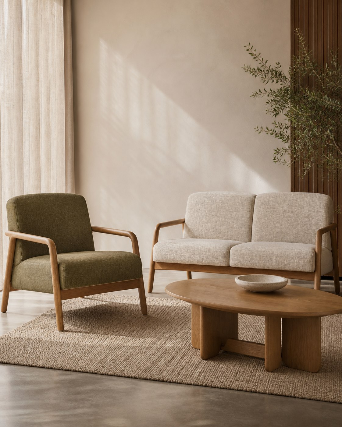 Olive armchair and oatmeal two-seat sofa from the lounge collection