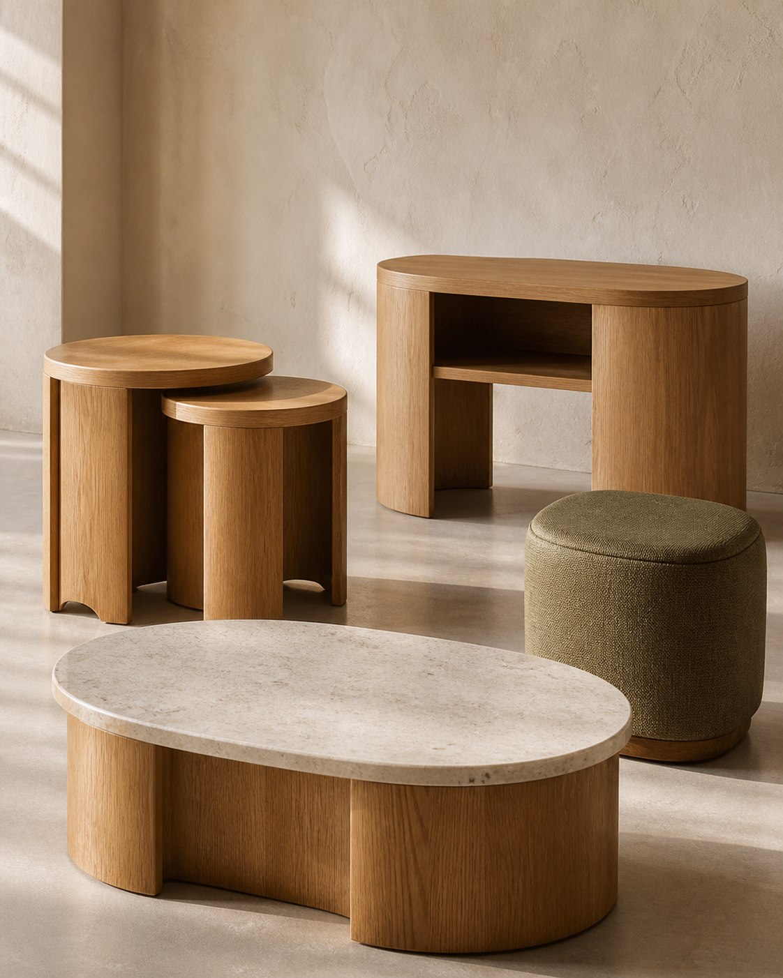 Coordinated oak occasional tables, stone coffee table and olive ottoman