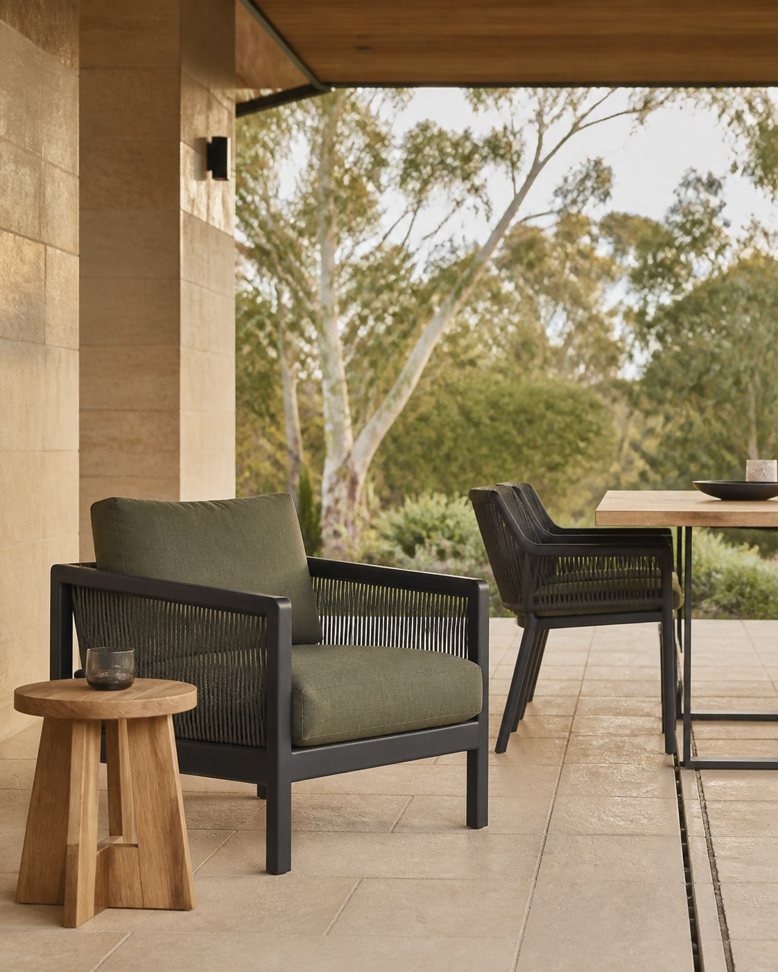 Marine-grade outdoor lounge and dining furniture on a sheltered terrace