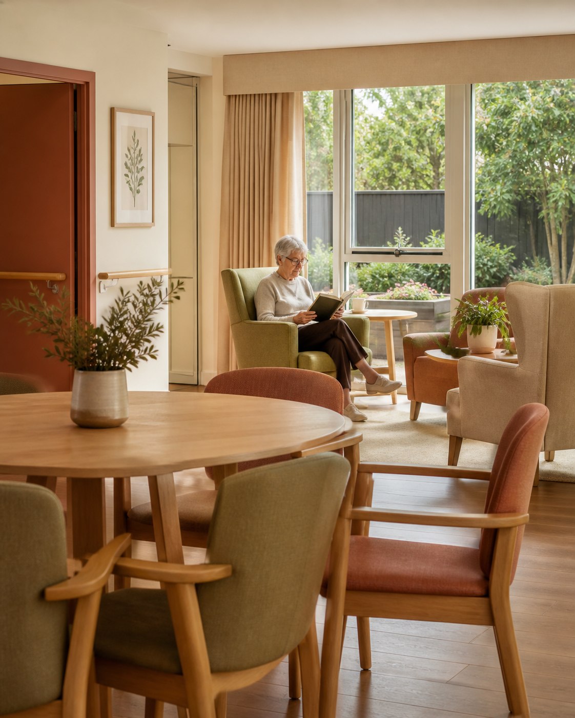 Resident reading in a calm aged-care communal dining and lounge space