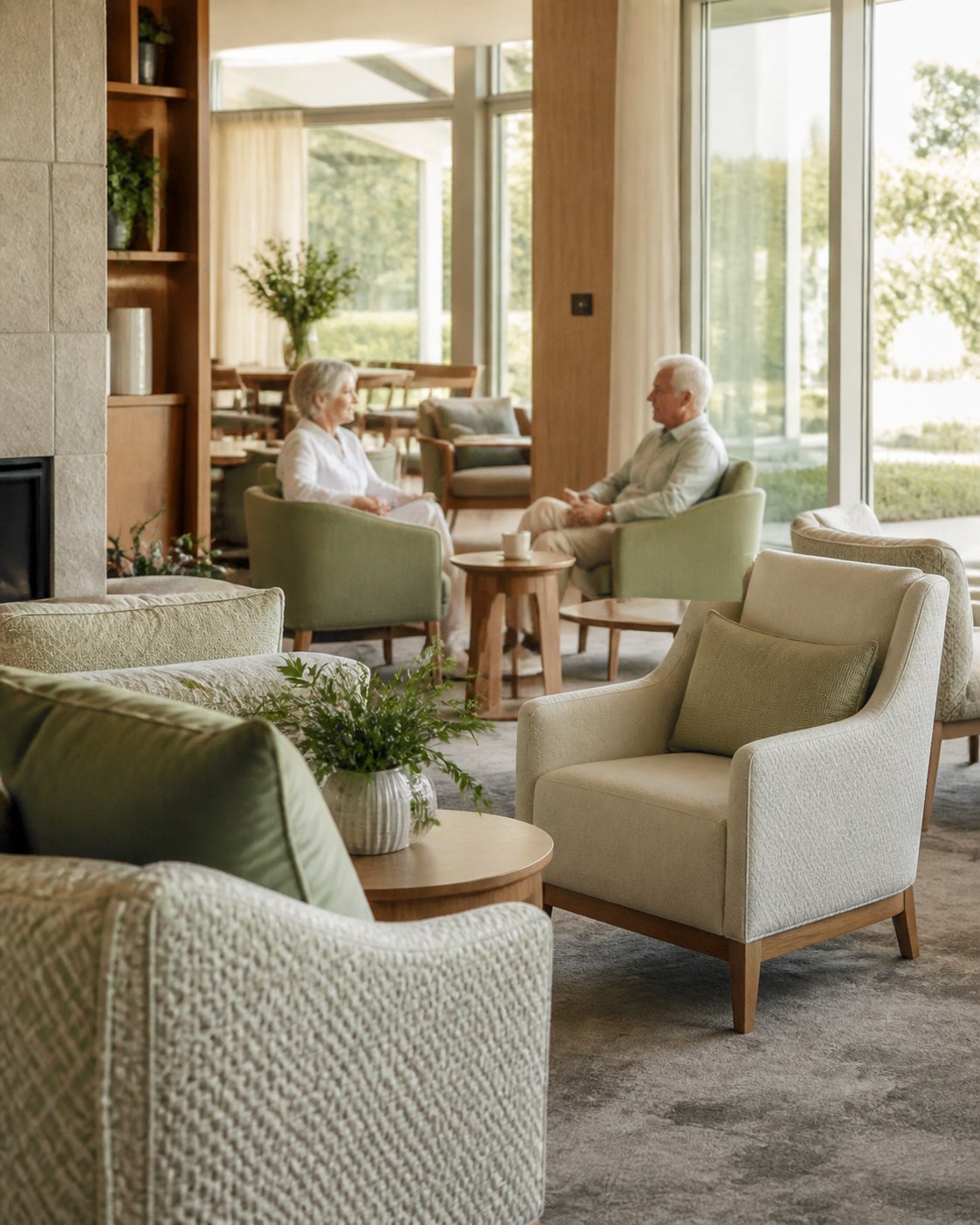 Older residents talking in a warm, contemporary clubhouse lounge