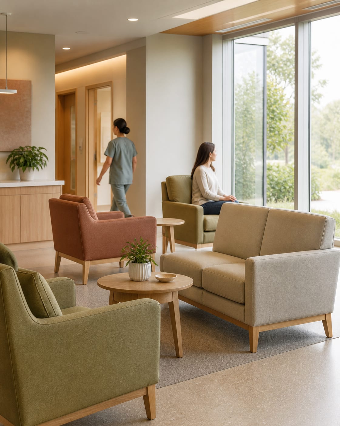 Healthcare visitor seated in a warm, contemporary hospital family lounge furnished with supportive commercial seating