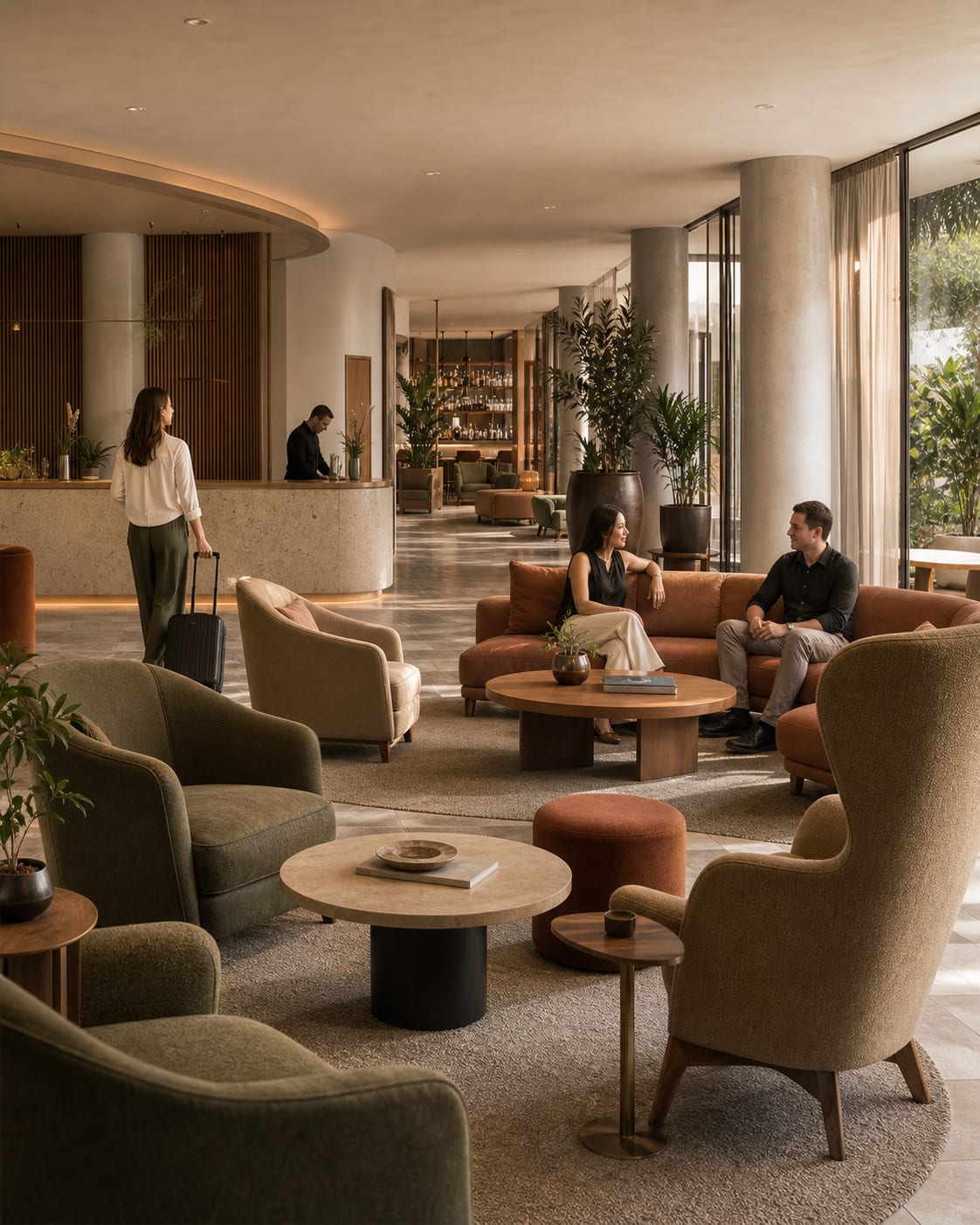 Guests relaxing and arriving in a warm contemporary hotel lobby furnished with commercial lounge seating and occasional tables