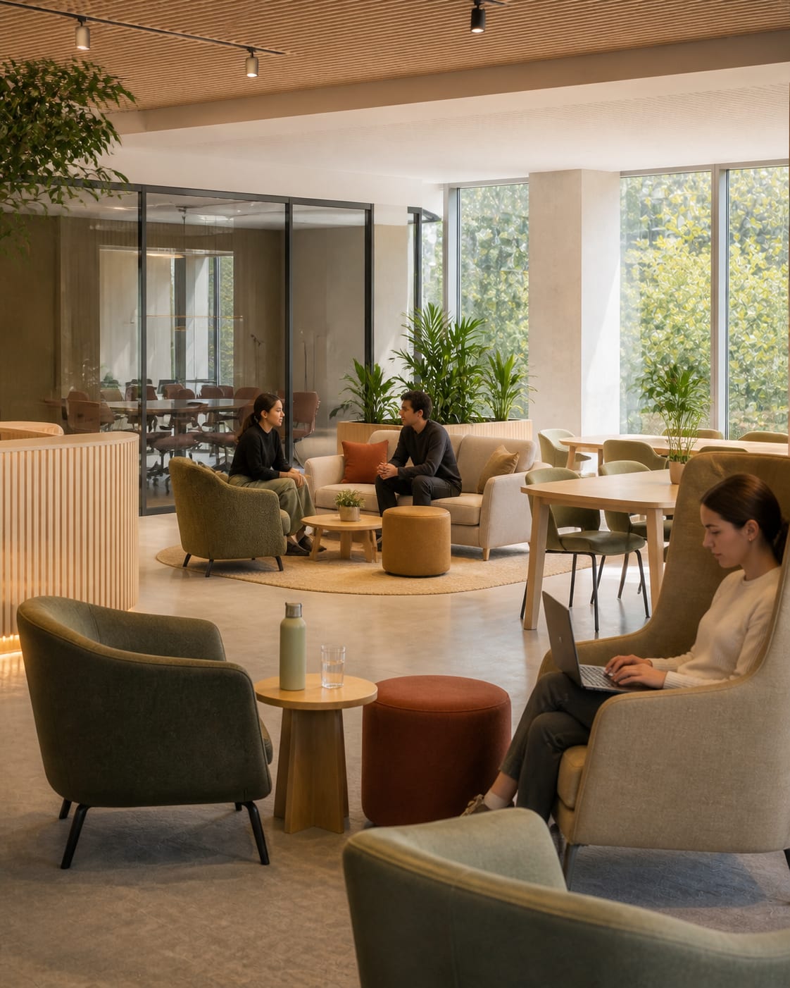 Colleagues working and meeting in a light-filled contemporary workplace furnished with lounge seating and collaborative tables