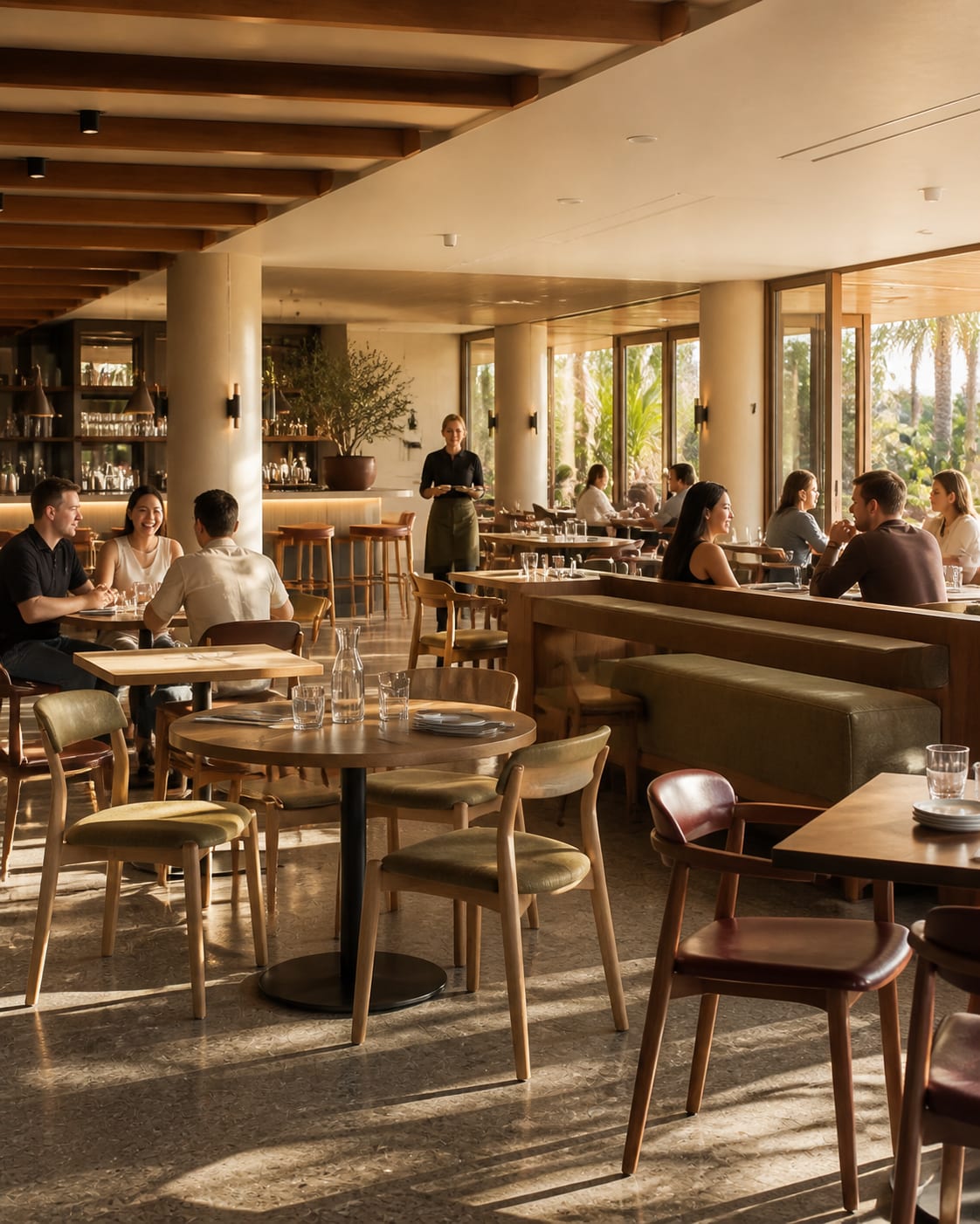 Patrons dining in a warm contemporary restaurant furnished with commercial timber chairs, tables, banquettes and bar stools