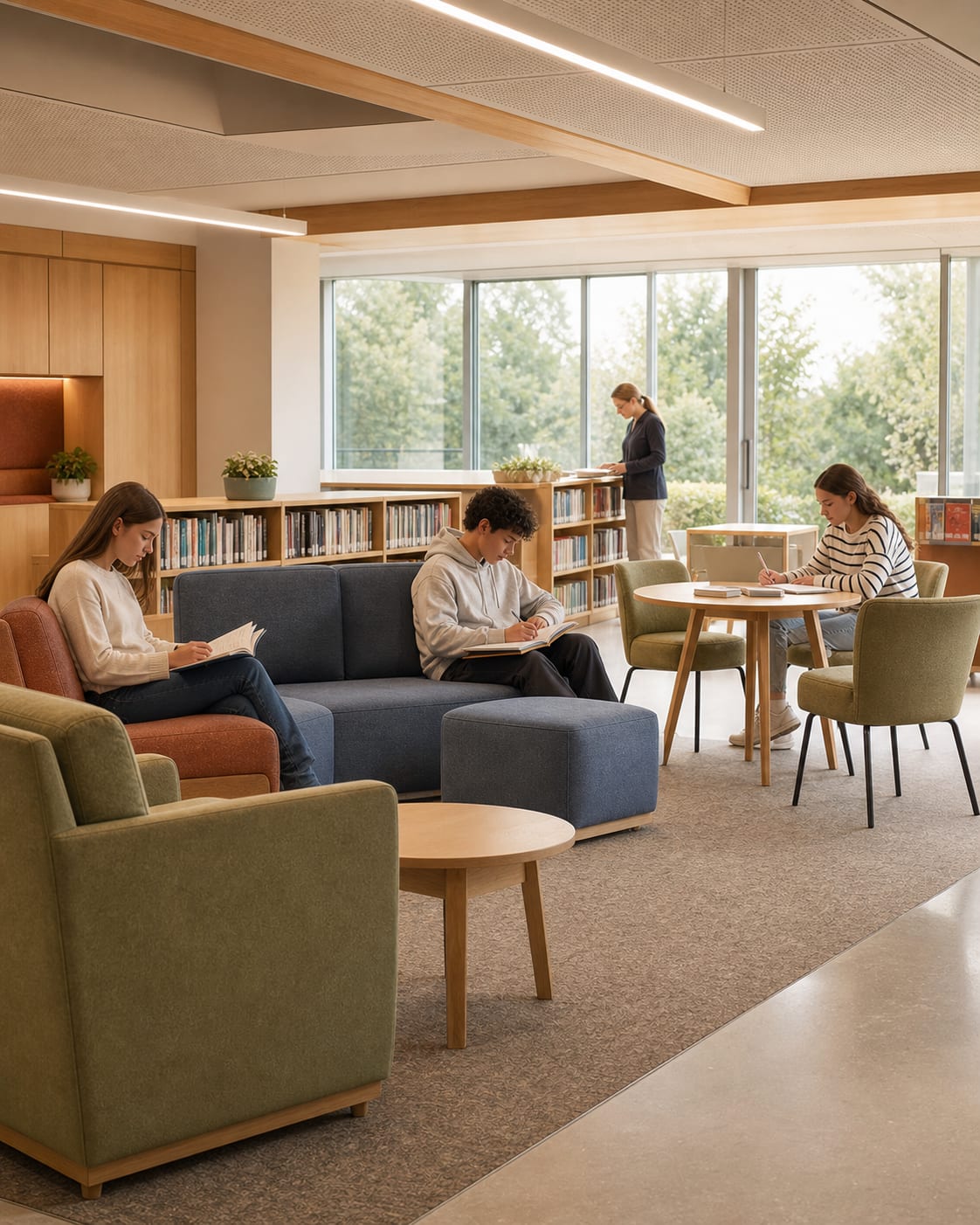 Secondary-school students reading and studying in a light-filled library furnished with robust soft seating and tables