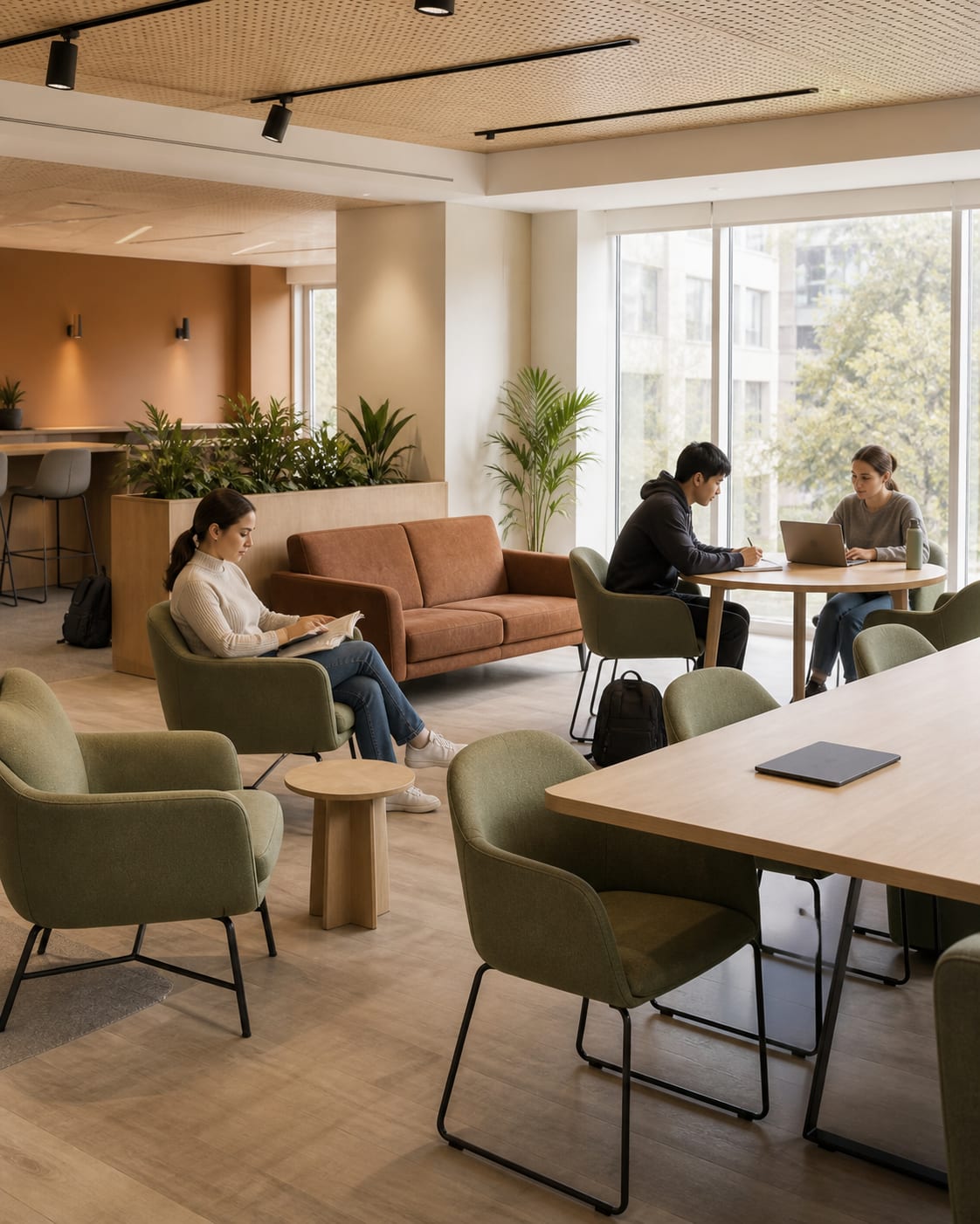 University students reading and collaborating in a warm campus common room furnished with durable commercial seating and study tables