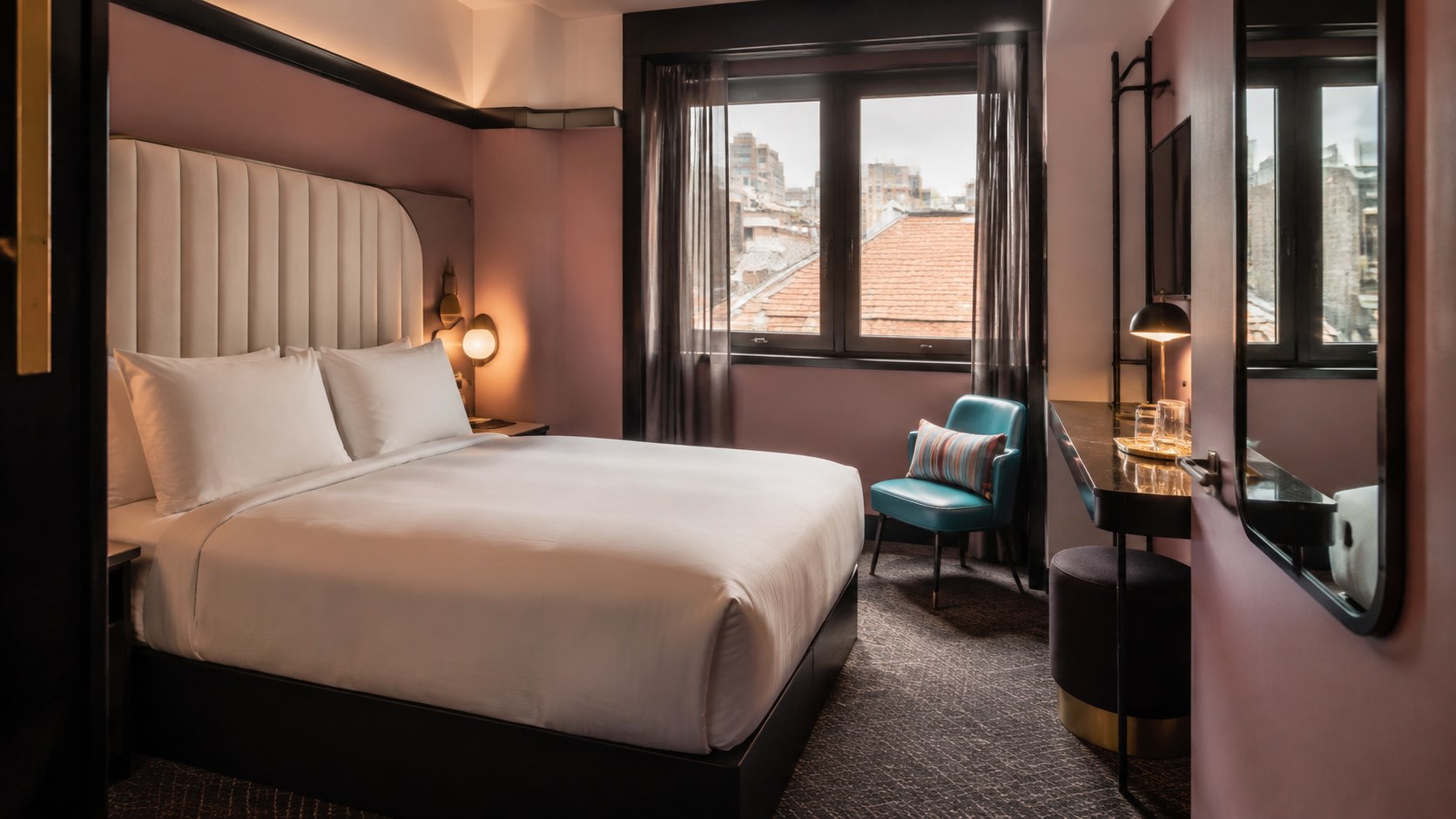 Rendered visualisation of a compact 57 Hotel guest room with a padded bedhead, platform bed and turquoise guest chair