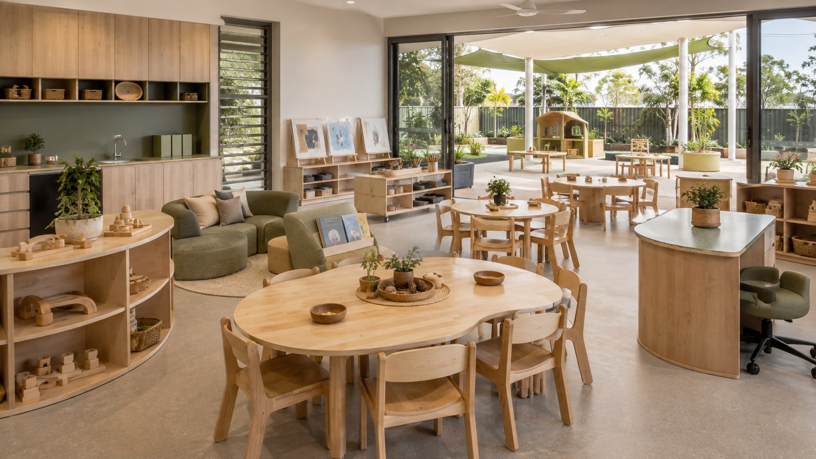 Rendered visualisation of a complete early-learning furniture fit-out with child-scale tables, chairs, shelving and a reading nook