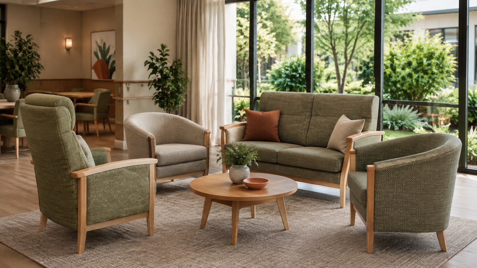 Rendered visualisation of coordinated seniors lounge chairs and a sofa in an Australian aged-care living room