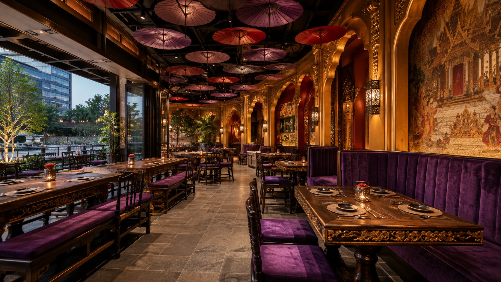 Rendered visualisation of Holy Basil Darling Square with purple booths, carved dining furniture, gilded arches and an umbrella ceiling