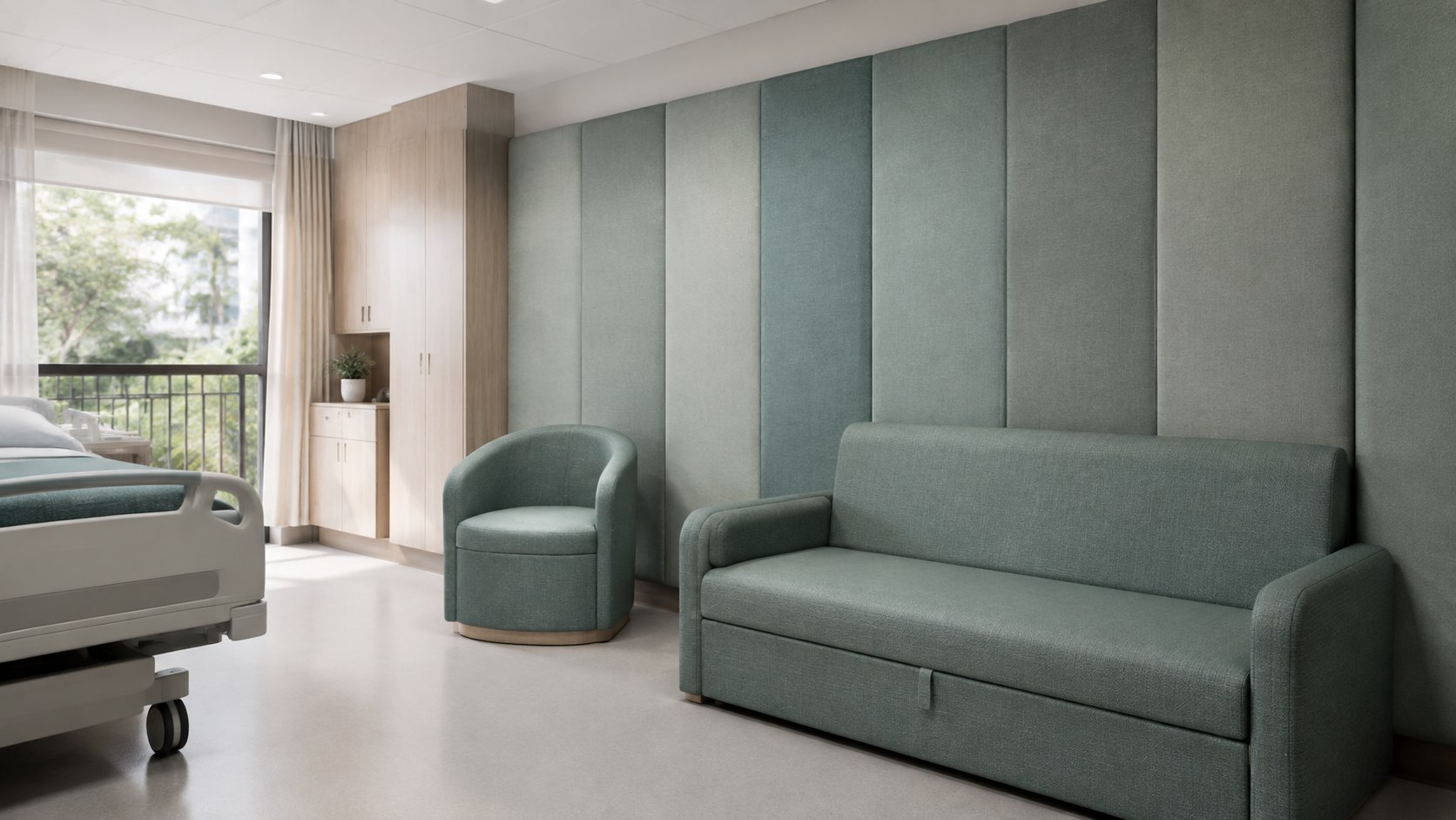 Rendered visualisation of a Queensland hospital room with matching upholstered wall panels, tub chair and single sofa bed
