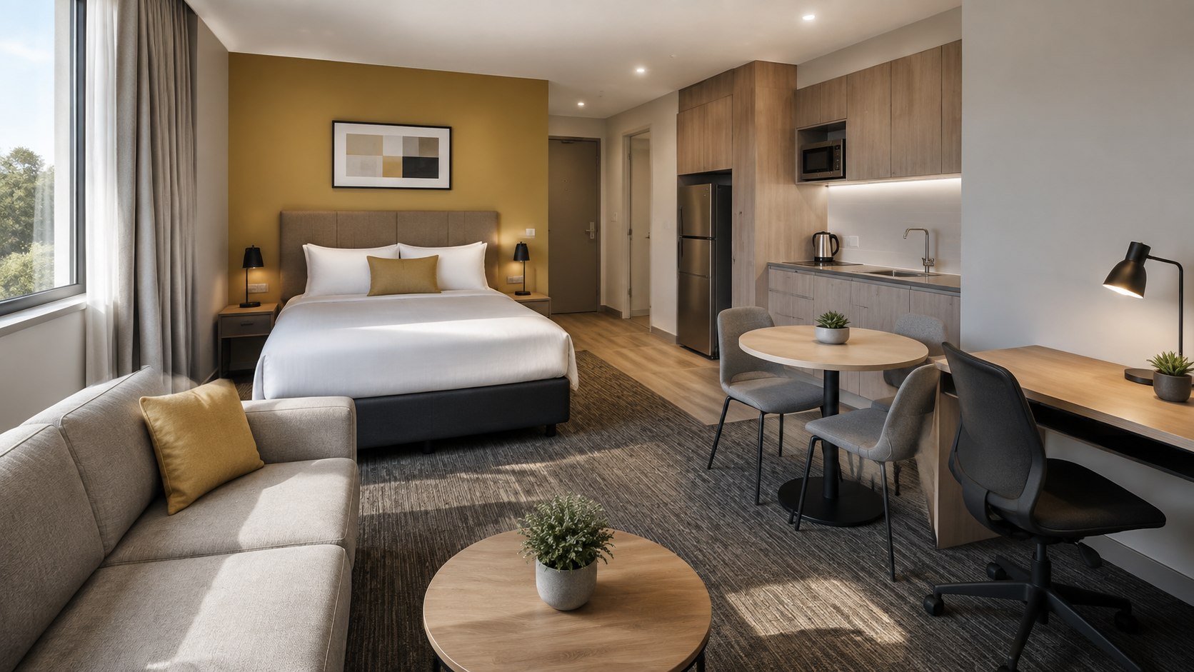 Rendered visualisation of a self-contained Value Suites Penrith apartment with bedroom, living, dining, work and kitchenette furniture